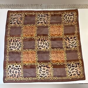 VTG 1980s-90s Jones New York 100% Silk Brown Animal Print & Chain Motif Scarf